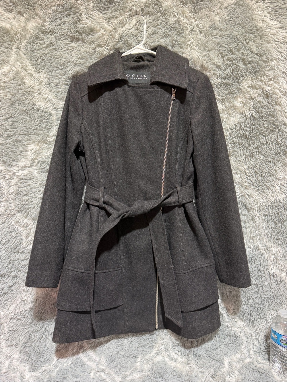 GUESS Black Belted Asymmetrical Zip Trench Coat
